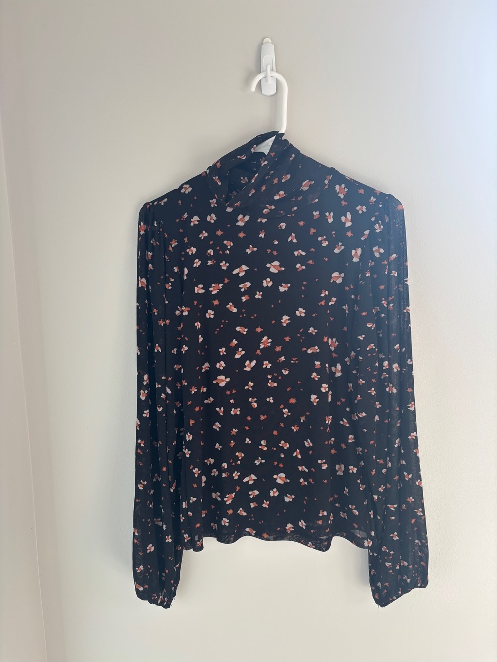 Black Floral Sheer Sleeve Turtleneck Top
